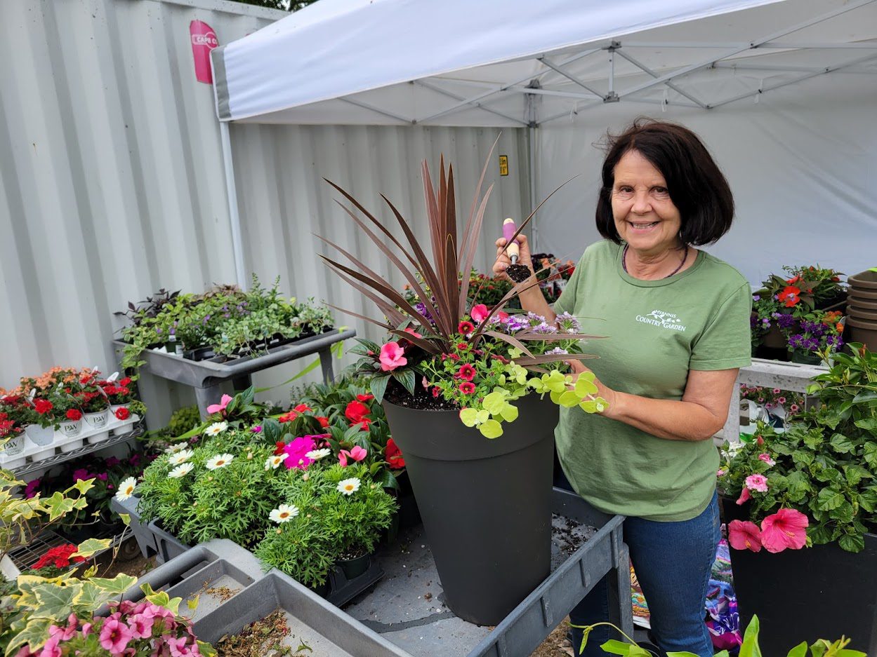 Brigitte shows off a container that she's planted for a customer. There is a purple Cordyline in the center and a lime-green licorice plant ready to spill over the side.